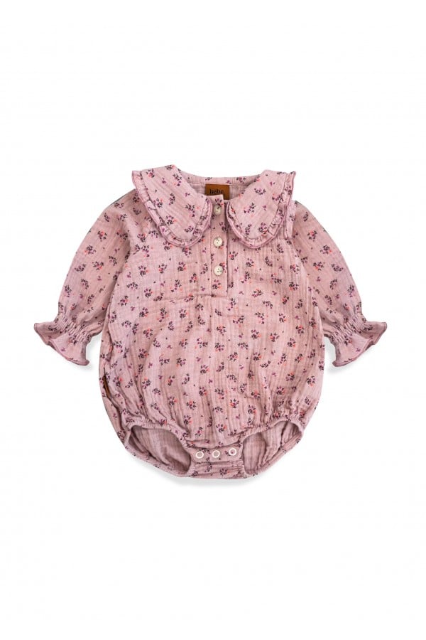 Romper pink floral print muslin with ruffles on the sleeves 0296_F25131