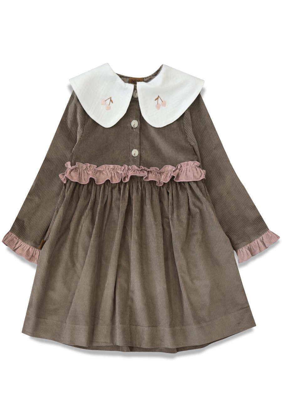 Dress with embroidery on the white collar taupe corduroy 0295_F25052