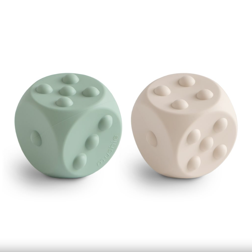 Mushie Dice Press Toy 2-Pack- Cambridge Blue/Shifting Sand 100218