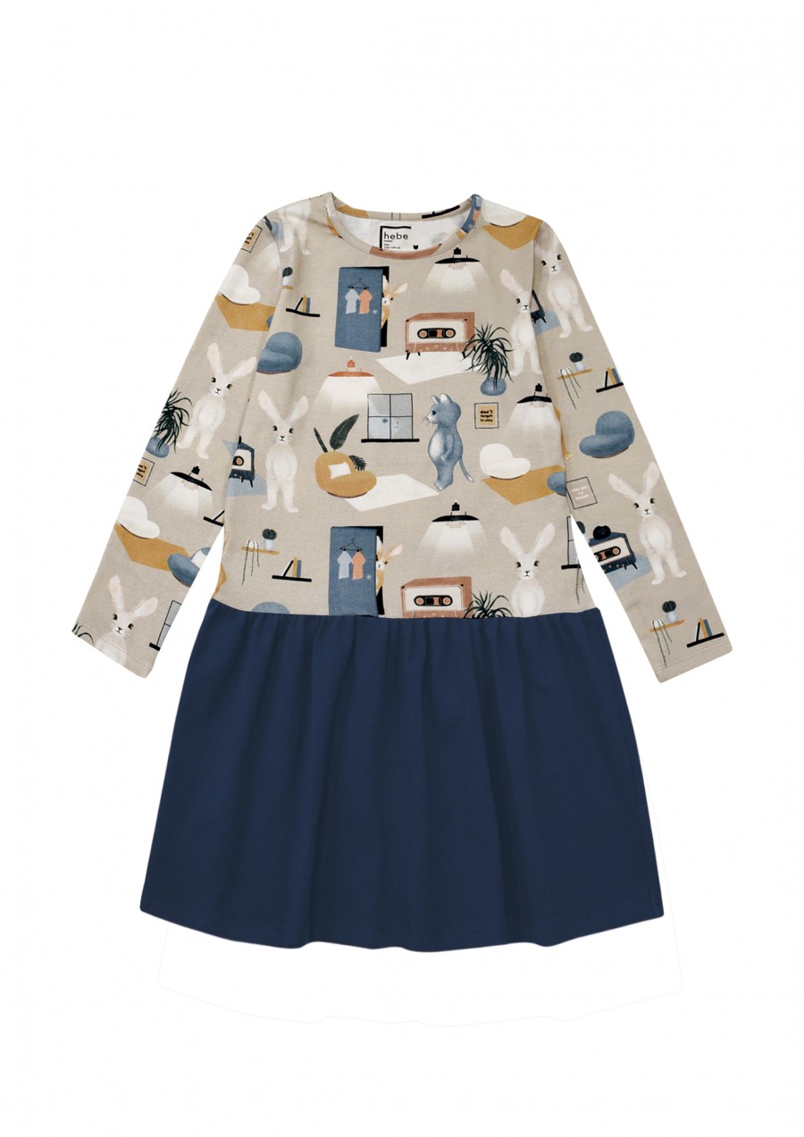 Dress beige sweet home print with blue frill FW20148L