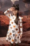 Dress with overall big heart print and frills FW24082