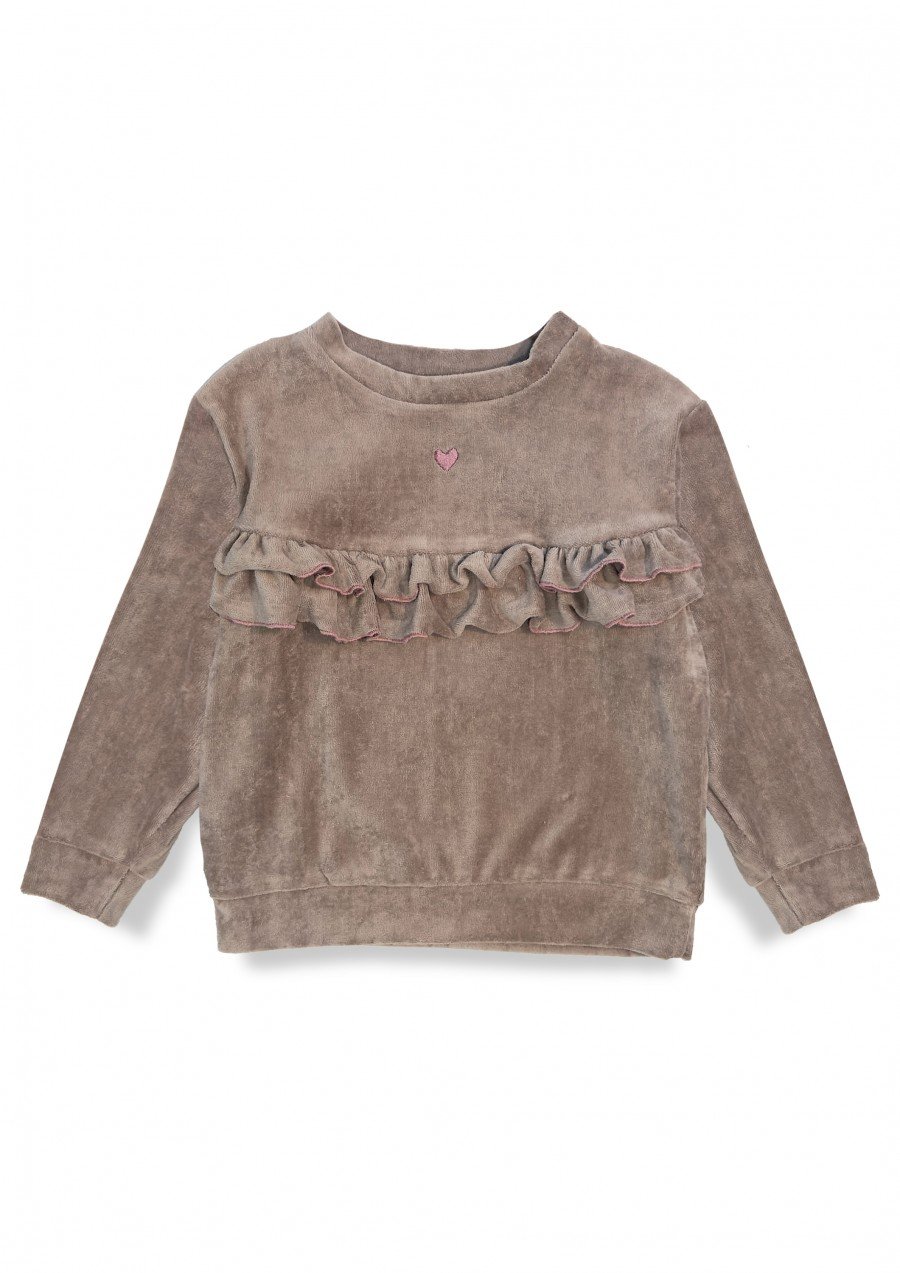 Sweater velvet with ruffles and an embroidery in the front taupe 0304_F25078
