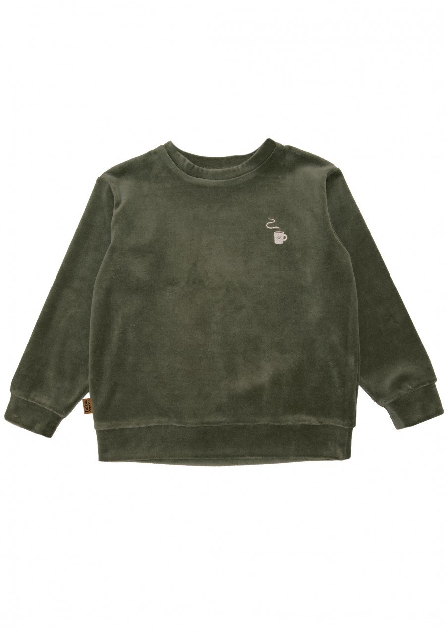 Sweatshirt green cotton velvet with Hot Cacao embroidery FW24176