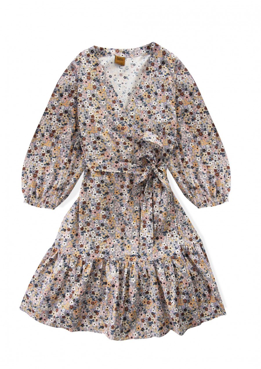 Wrap dress grey with allover flowers print for female SS24465