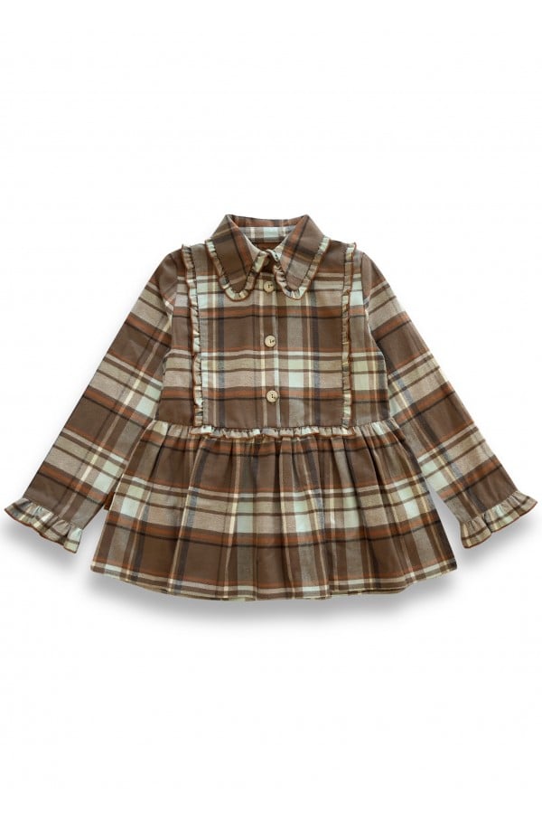 Blouse flannel with a collar and ruffles brown/blue checkers 0326_F25095