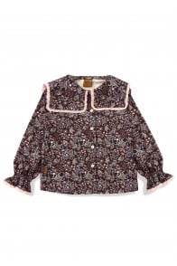 Cotton twill blouse with a ruffles bordo flowers print
