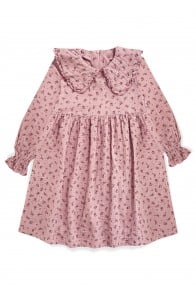 Muslin dress with collar and ruffles on the sleeves pink floral print