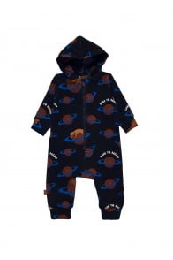 Hooded romper with allover planet print