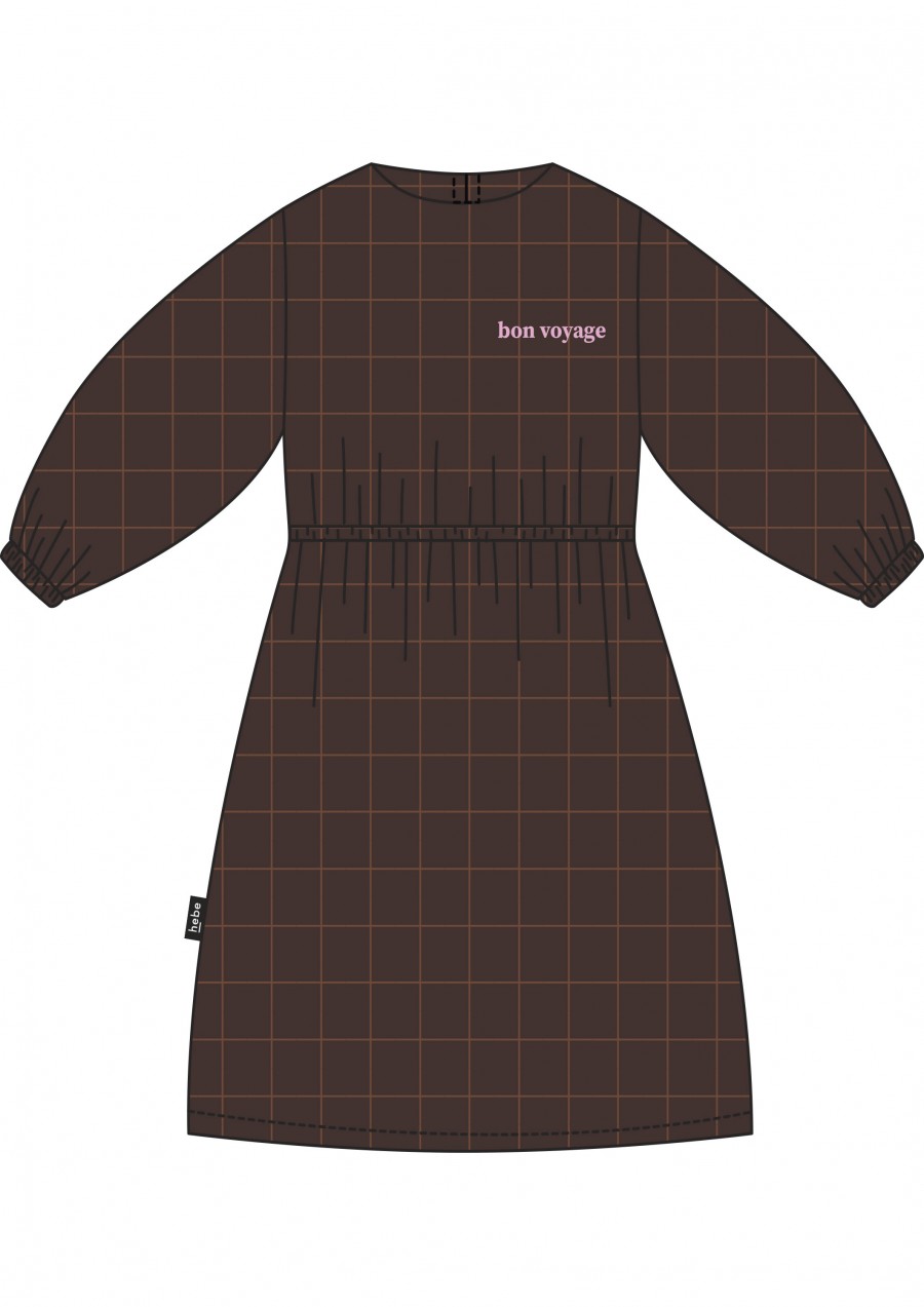 Dress brown checkered with embroidrey bon voyage for female FW21121