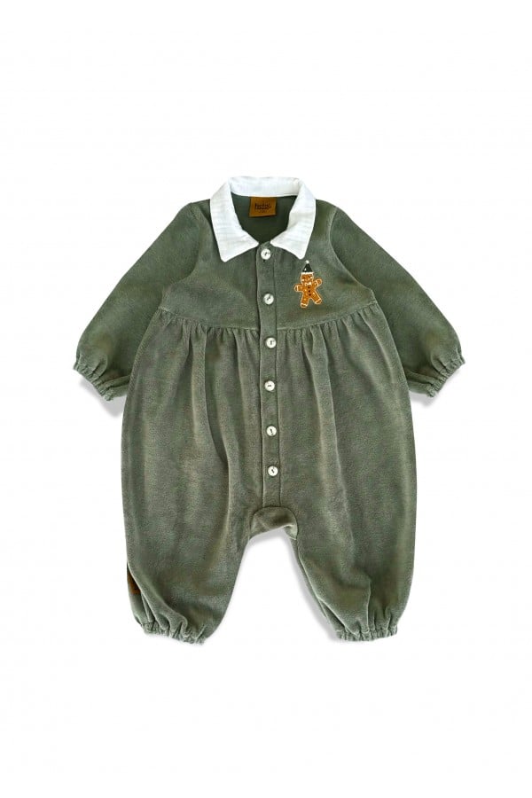 Velvet romper with Gingerman embroidery, collar and buttons green 0306_F25241