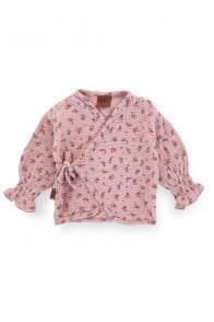 Baby jacket pink floral print muslin with ruffles on the sleeves