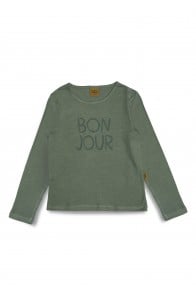 Top with BONJOUR placment print olive green