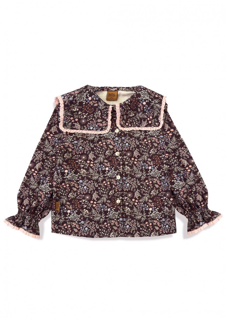 Cotton twill blouse with a ruffles bordo flowers print 0321_F25113