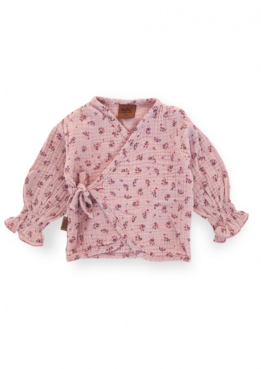 Jaciņa pārliekama rozā muslina ar ziedu apdruku un rišu pie piedurknes 0013_F25132