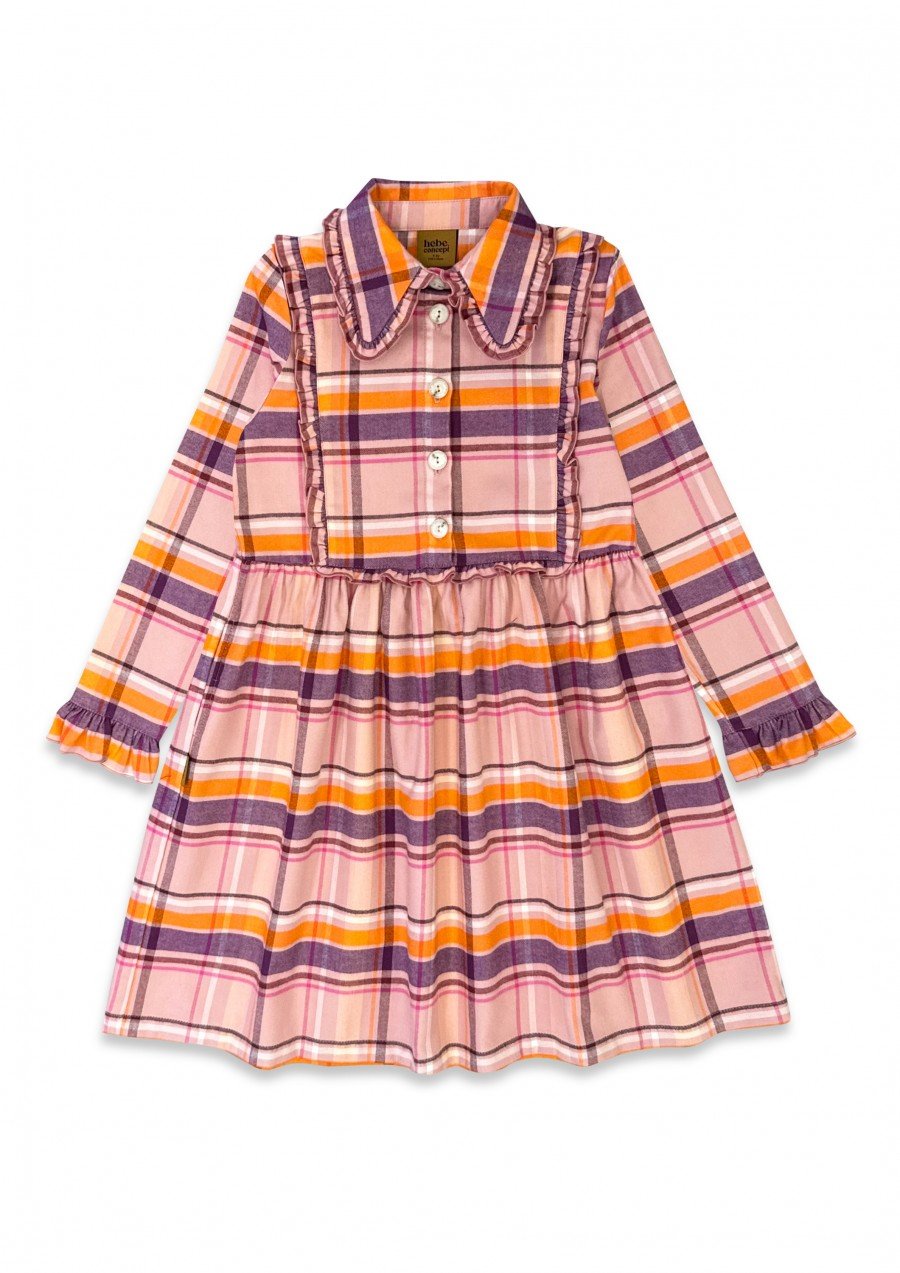 Kleita persiku/rozā rūtaina flaneļa ar apkakli un rišu 0325_F25137