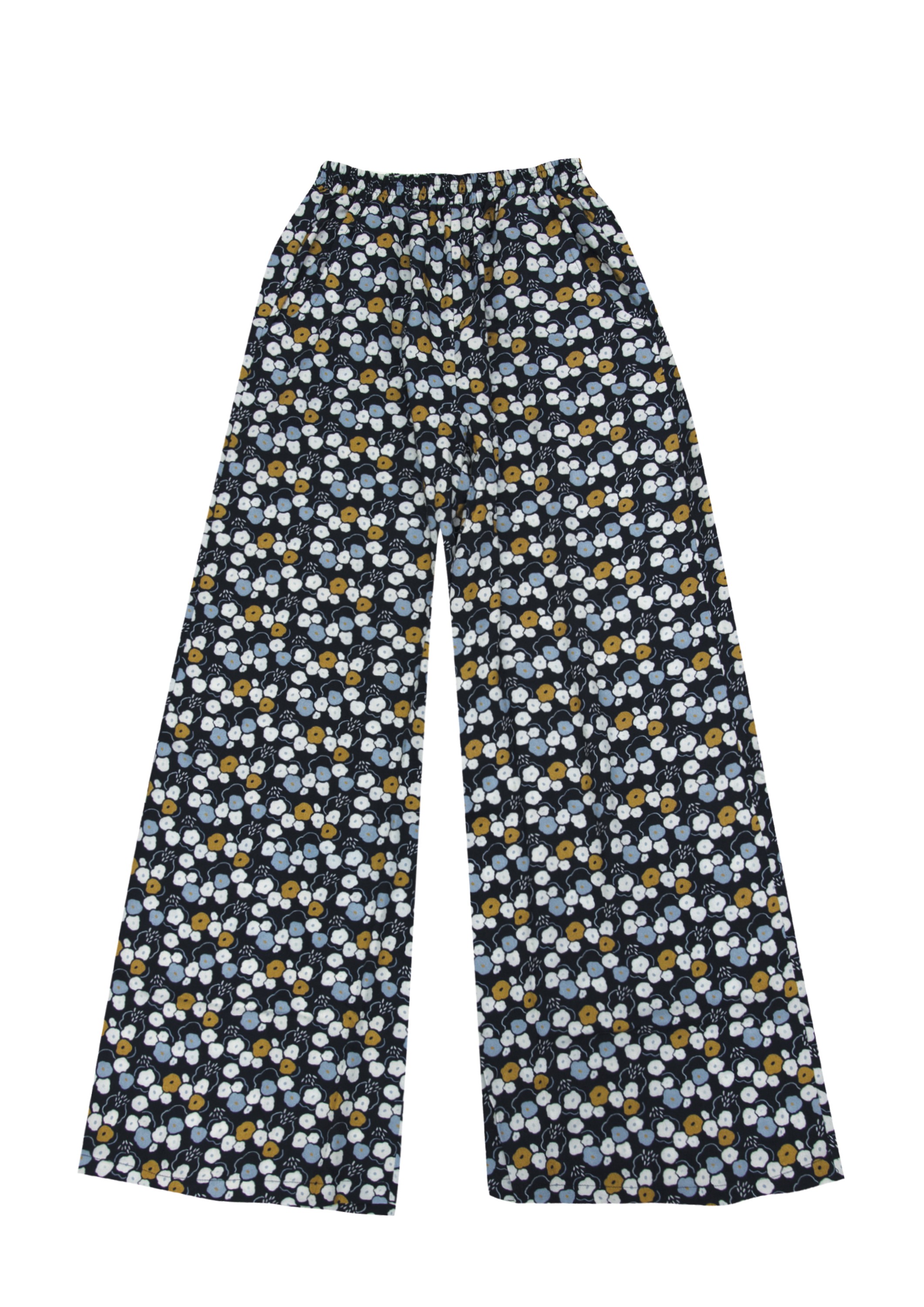 Pants with floral print on dark blue background HEBE