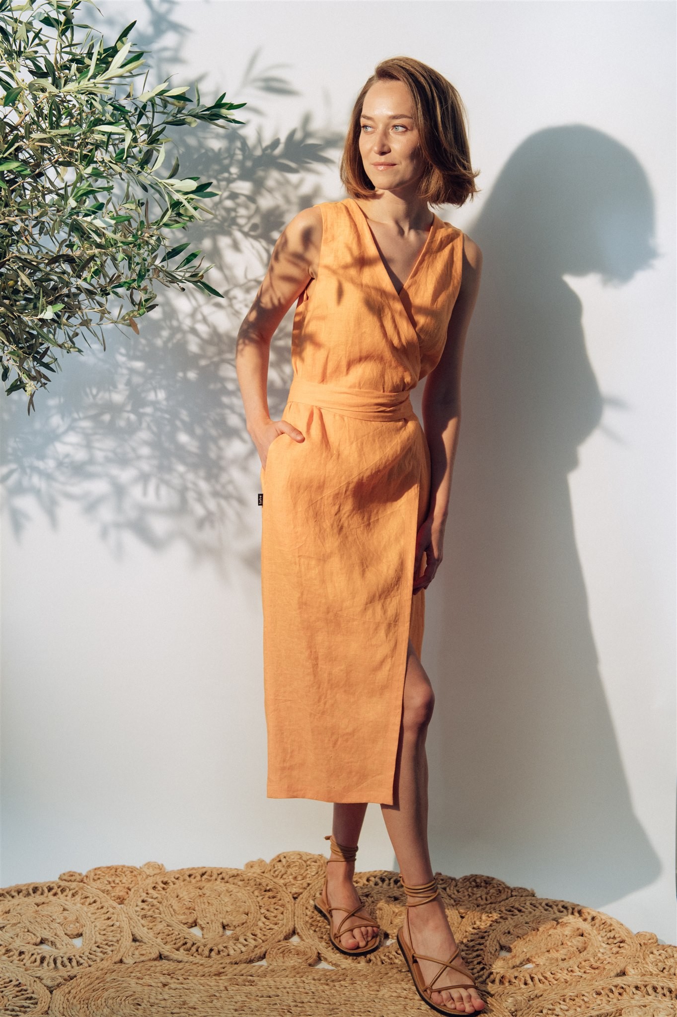 Wrap dress light orange linen for female | HEBE