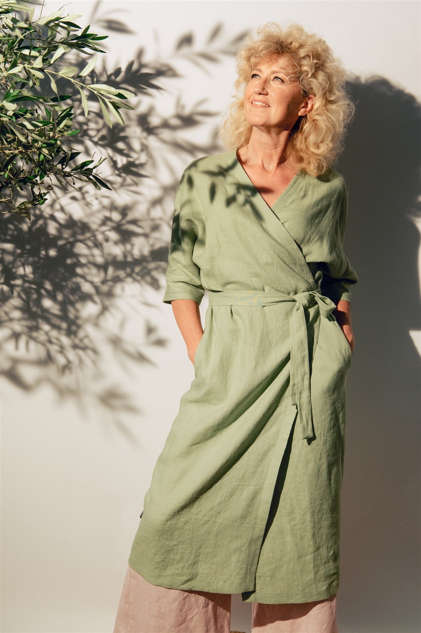 Wrap dress light green linen for female HEBE