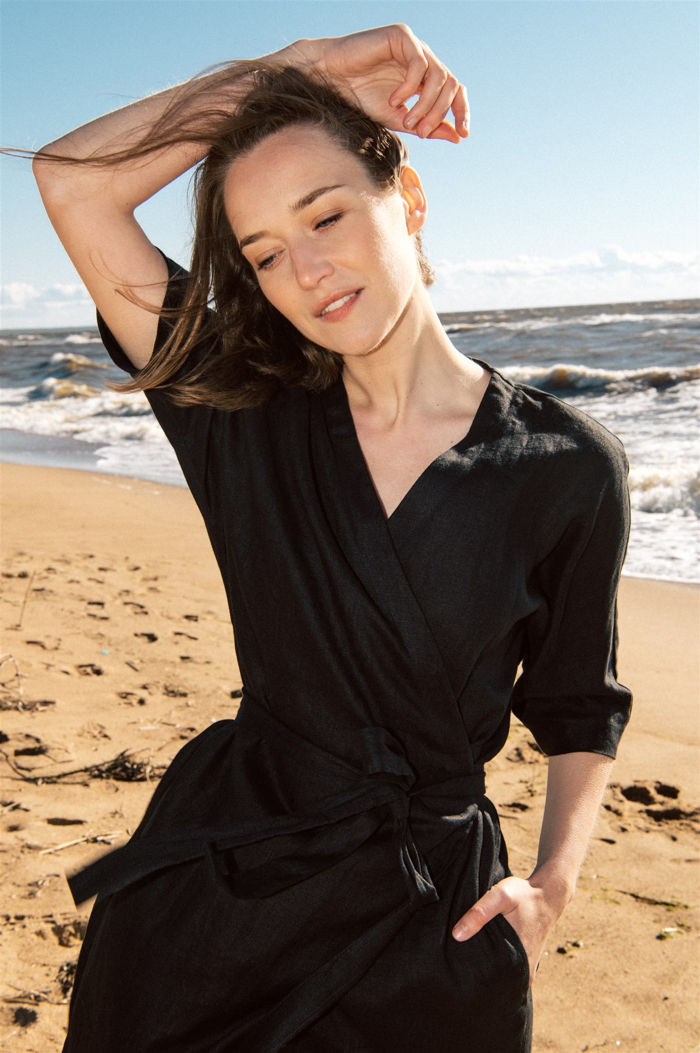 Black linen wrap dress online