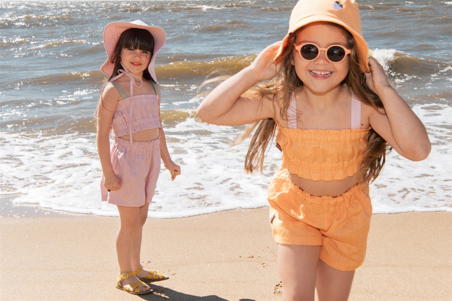 hebe little girls Top light orange linen with straps | HEBE